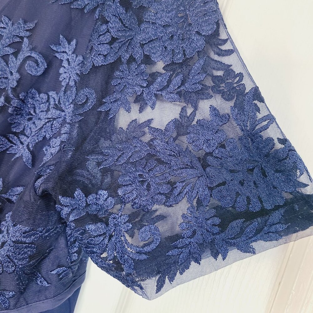 Blue Lace Chiffon Evening Gown Dress Floral V-Neck Sleeves High-Low Hem Size 2XL - Picture 7 of 16